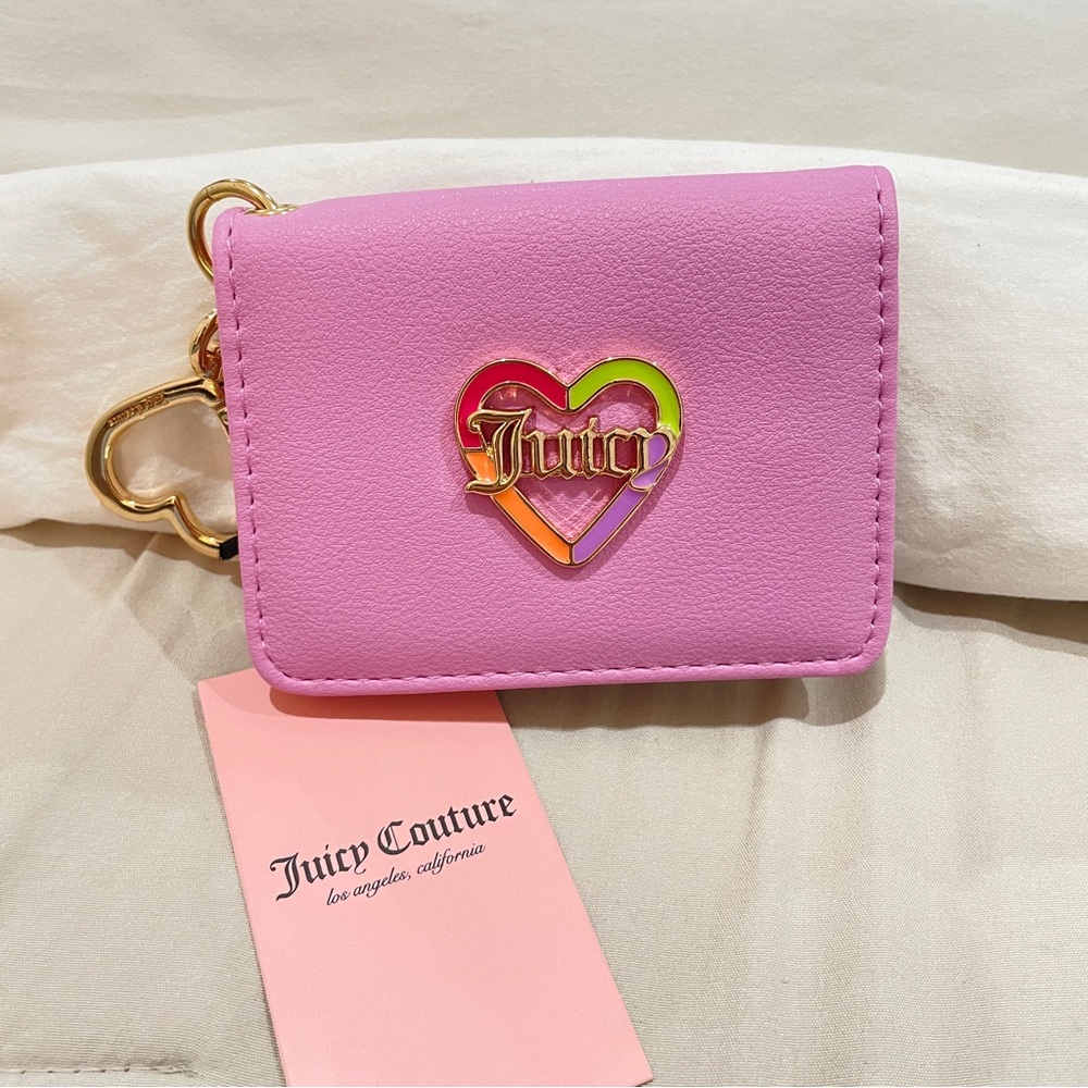 Juicy Couture Pink Rainbow Heart Bifold Card Case Wallet Keychain ID Window NEW